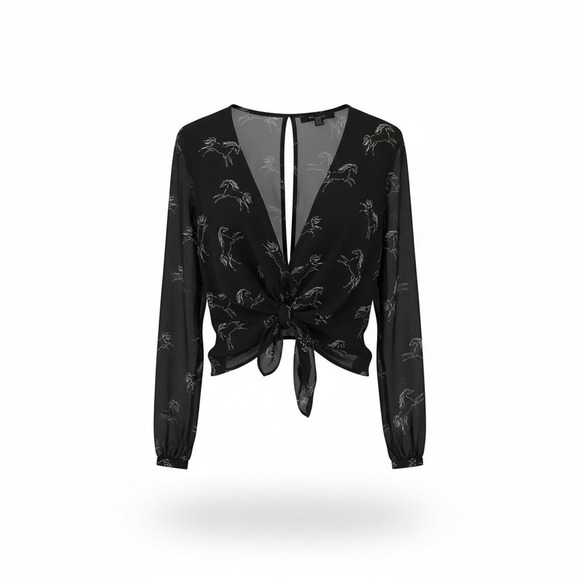 Forever 21 Tops - Forever 21 Black Sheer Horse Print Twist Front V Neck Long Sleeve Top Womens M